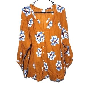 ⭐️Old Navy dark mustard yellow top with blue floral print size 2X